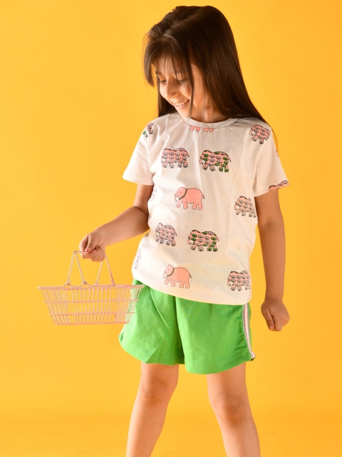 

Anthrilo Girls Beige & Green Printed Cotton T-shirt with Shorts