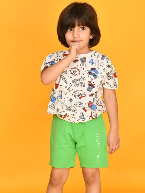 

Anthrilo Boys Grey & Green Printed Pure Cotton T-shirt with Shorts