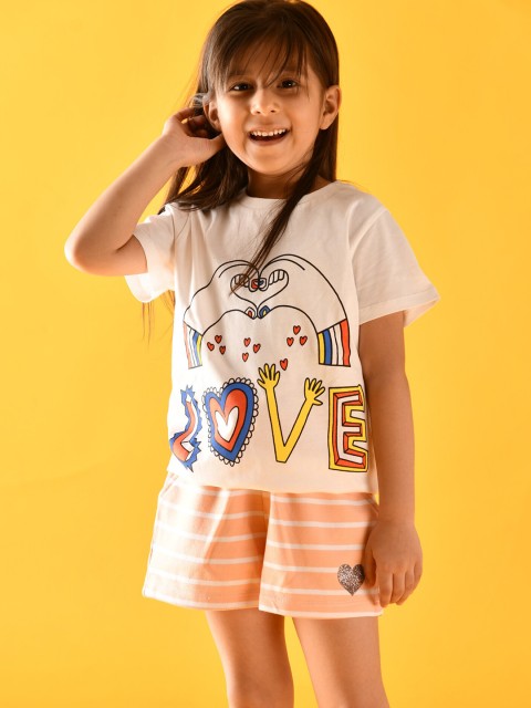 

Anthrilo Girls Orange & White Pure Cotton Printed T-shirt with Shorts