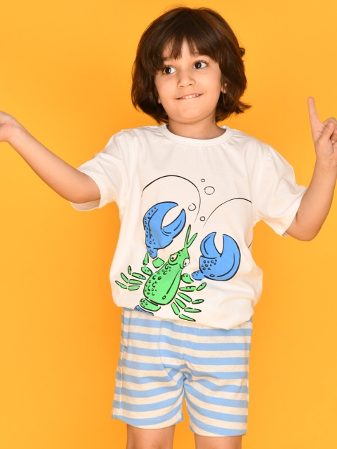 

Anthrilo Boys Off-White & Blue Printed Pure Cotton T-shirt with Shorts