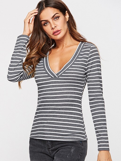 

BoStreet Grey Striped Styled Back Top