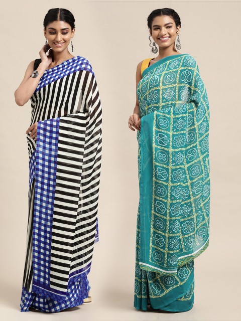 

KALINI Pack of 2 Striped Printed Sarees, Green