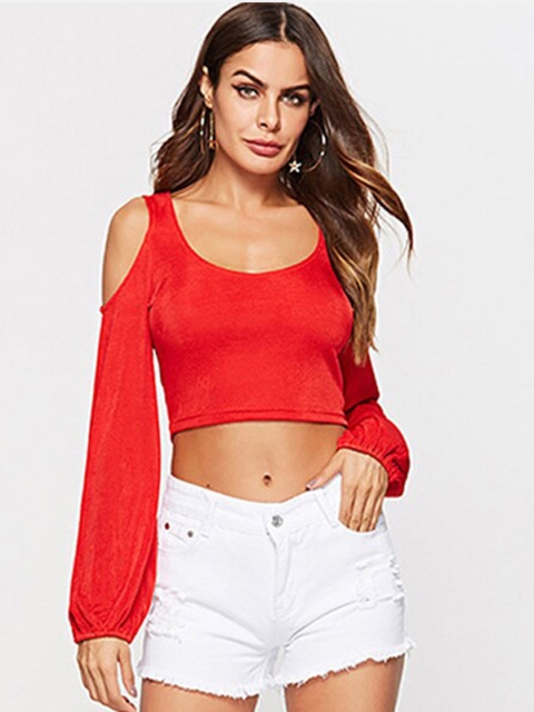 

BoStreet Women Red Solid Cold Shoulder Top