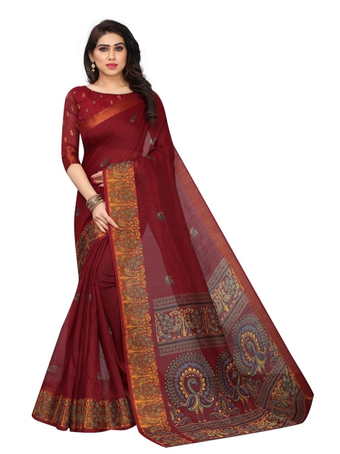 

PERFECTBLUE Maroon & Mustard Ethnic Motifs Saree