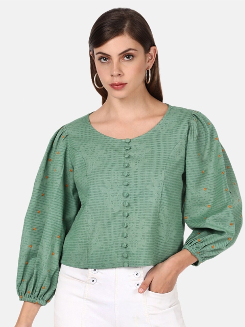 

UNTUNG Women Green Self Design Embroidered Cotton Top