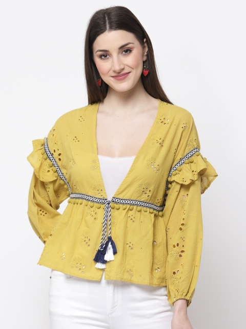 

Mafadeny Women Mustard Yellow Schiffli Top