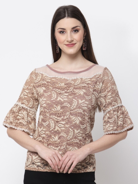 

Mafadeny Brown Self Design Lace Top