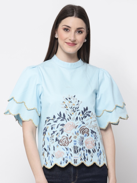 

Mafadeny Blue Floral Embellished Top