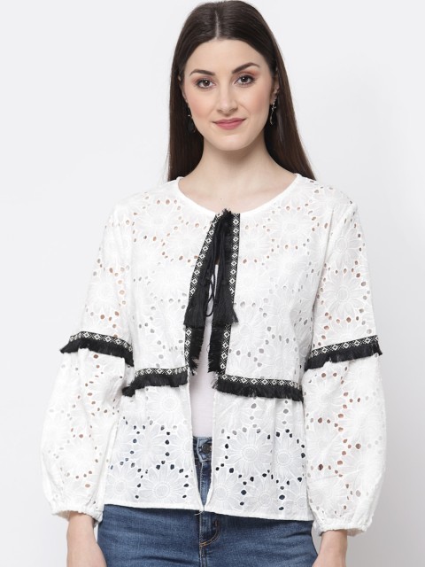 

Mafadeny White Print Tie-Up Neck Schiffli Top