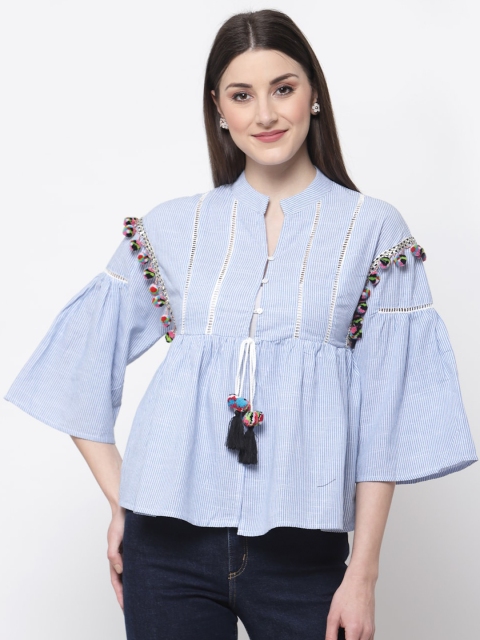 

Mafadeny Blue Striped Mandarin Collar Top