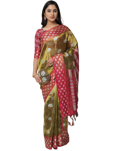 

PERFECTBLUE Green & Pink Ethnic Motifs Art Silk Kanjeevaram Saree