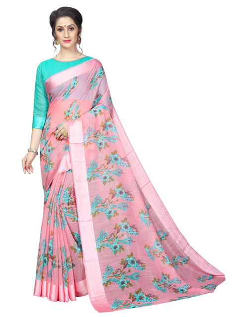 

PERFECTBLUE Pink & Blue Floral Zari Silk Cotton Saree