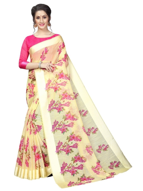 

PERFECTBLUE Yellow & Pink Floral Silk Cotton Saree