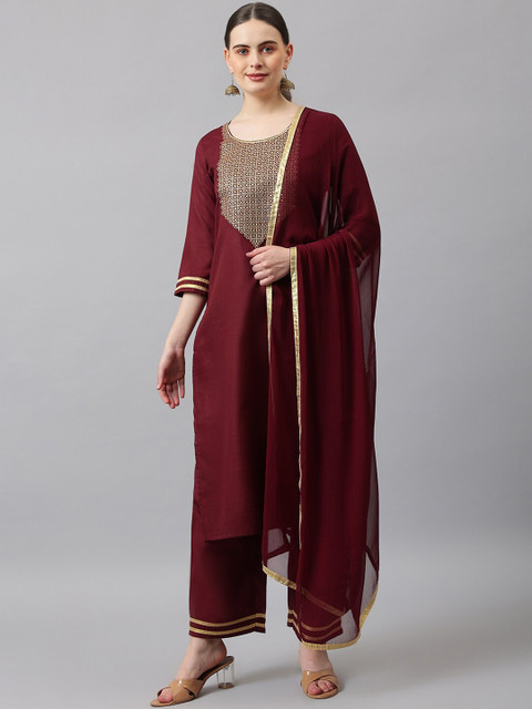 

KALINI Women Maroon Yoke Design Kurta with Palazzos & With Dupatta