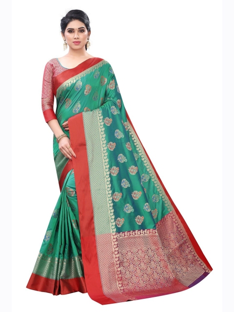 

PERFECTBLUE Green & Red Floral Art Silk Saree