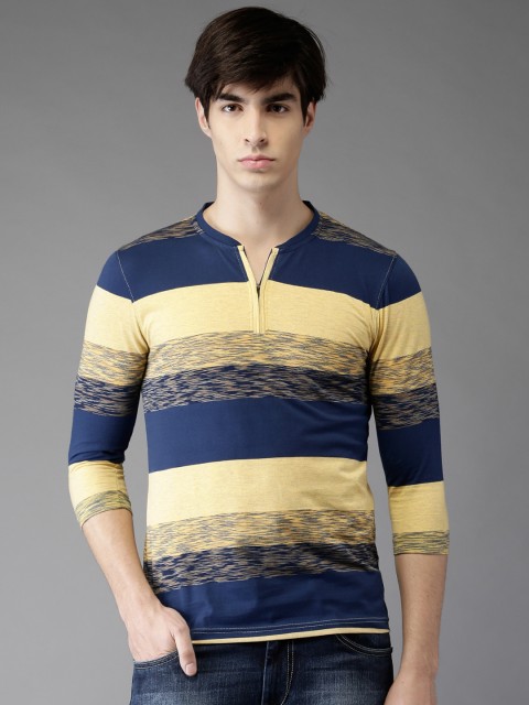 

Moda Rapido Men Yellow & Navy Striped Mandarin collar T-Shirt