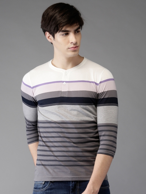 

Moda Rapido Men Charcoal Grey & Navy Striped Henley Neck T-Shirt