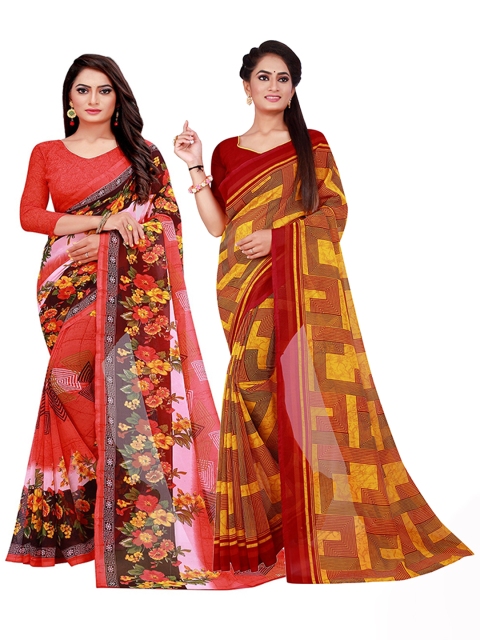 

Florence Set Of 2 Maroon & Pink Floral Pure Georgette Saree