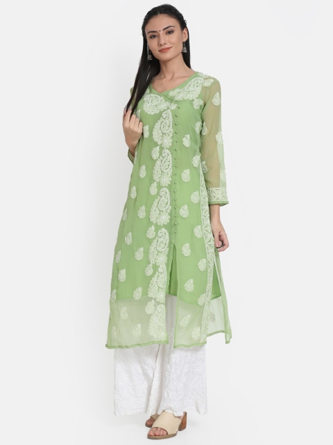 

PARAMOUNT CHIKAN Women Green & White Floral Embroidered Chikankari Georgette Kurta