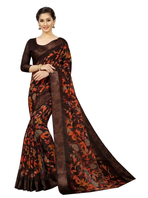 

PERFECTBLUE Brown & Orange Floral Saree