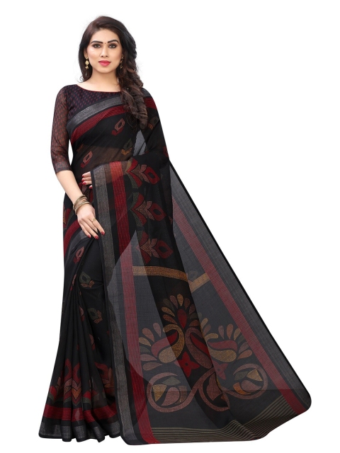 

PERFECTBLUE Black & Red Ethnic Motifs Printed Cotton Blend Saree