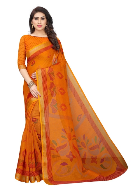 

PERFECTBLUE Yellow & Red Floral Zari Saree