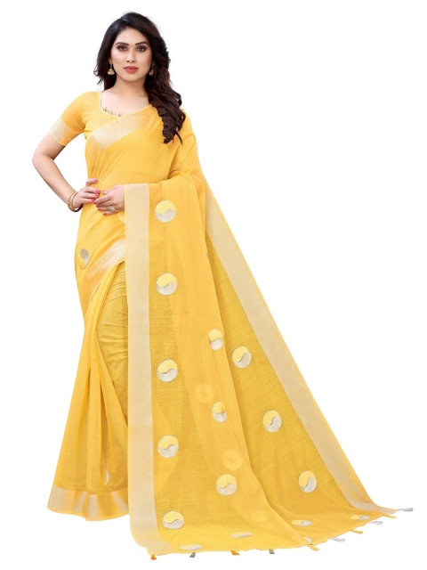 

PERFECTBLUE Yellow & Silver-Toned Printed Cotton Blend Saree