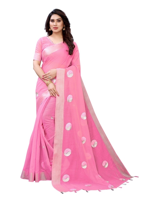 

PERFECTBLUE Pink & Silver-Toned Floral Saree