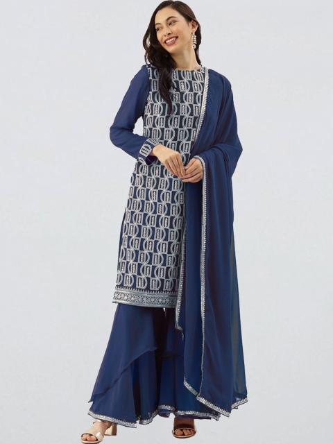 

EthnoVogue Women Blue Ethnic Motifs Embroidered Kurta with Sharara & With Dupatta