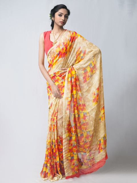 

Unnati Silks Beige & Red Floral Printed Patola Saree