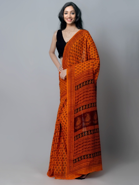 

Unnati Silks Orange & Black Bagh Pure Cotton Handloom Sustainable Maheshwari Saree