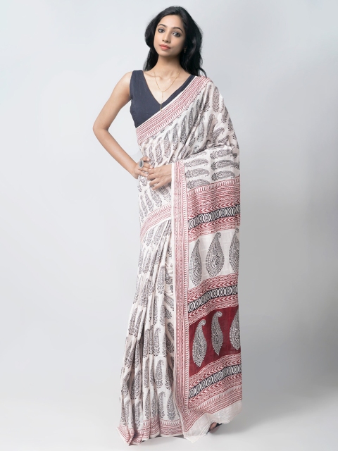

Unnati Silks Cream-Coloured & Black Bagh Pure Cotton Maheshwari Saree