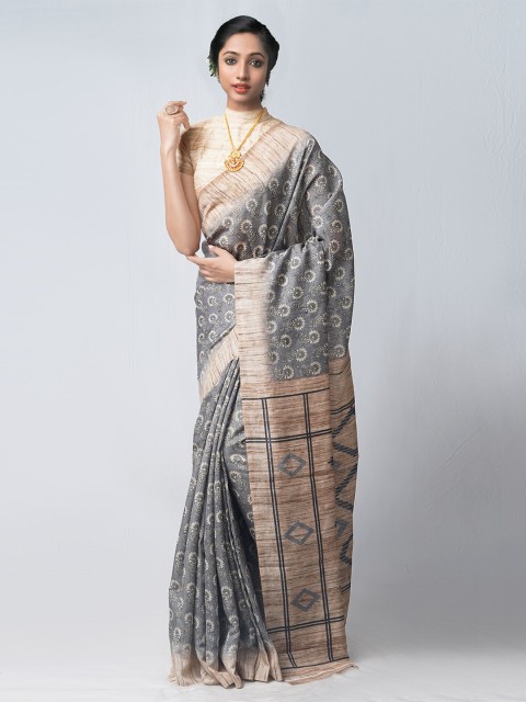 

Unnati Silks Grey & Cream-Coloured Ethnic Motifs Silk Cotton Patola Saree