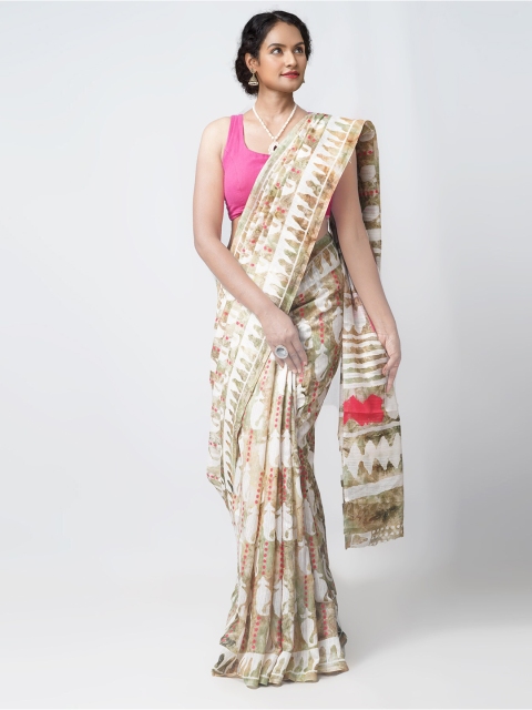 

Unnati Silks Cream-Coloured & Pink Paisley Silk Cotton Patola Saree
