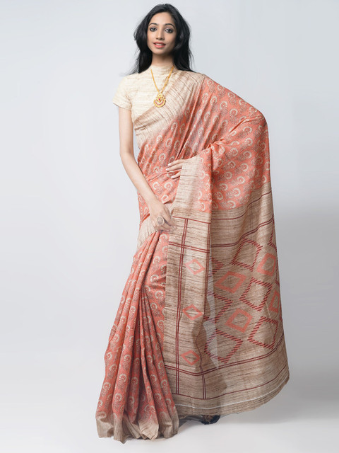 

Unnati Silks Orange & Cream-Coloured Ethnic Motifs Silk Cotton Patola Saree
