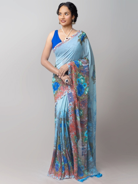 

Unnati Silks Blue & Peach-Coloured Ethnic Motifs Printed Patola Saree