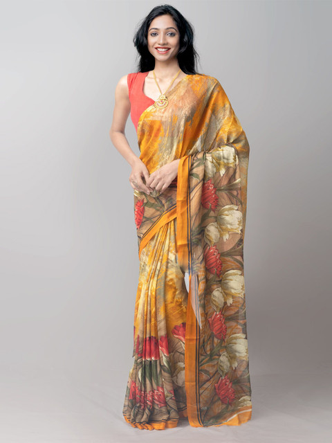 

Unnati Silks Yellow & Grey Ethnic Motifs Printed Patola Saree