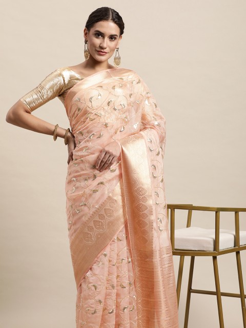 

awesome Peach-Coloured Sequinned Organza Saree