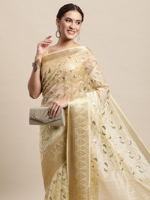 

awesome Cream-Coloured Ethnic Motifs Sequinned Organza Saree