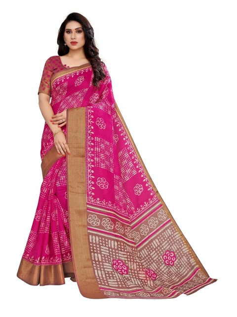 

PERFECTBLUE Pink & Gold-Toned Batik Art Silk Saree