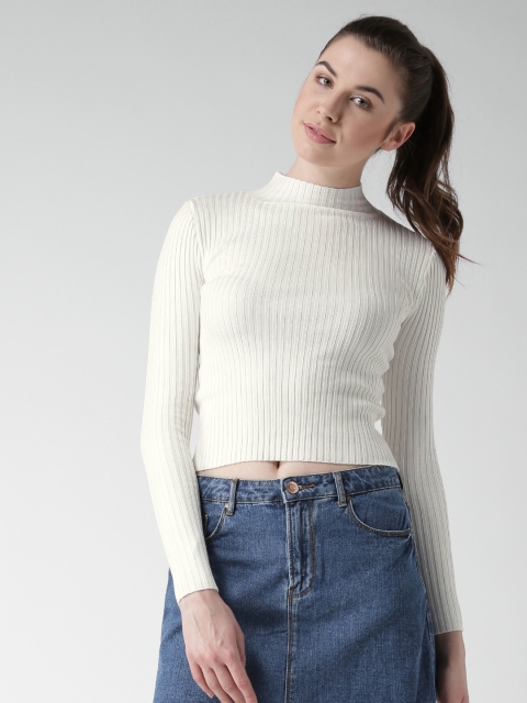 

FOREVER 21 Women White Self-Striped Crop Fitted Top