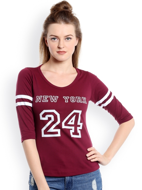 

The Dry State Women Burgundy Printed Round Neck T-Shirt