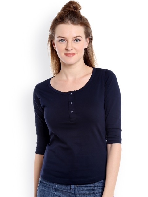 

The Dry State Women Navy Blue Solid Henley Neck T-Shirt