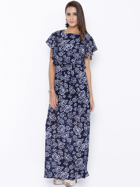 

Tokyo Talkies Women Navy Semi-Sheer Floral Print Maxi Dress, Navy blue