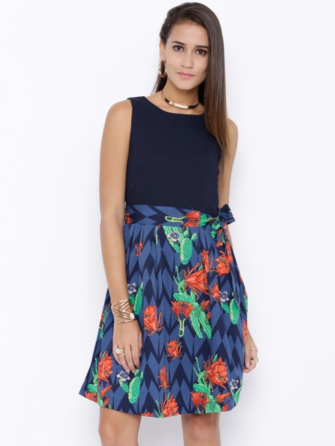 

Tokyo Talkies Women Navy Printed Fit and Flare Dress, Navy blue