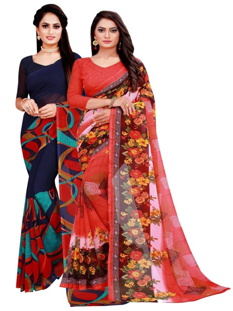 

Florence Pack Of 2 Navy Blue & Red Floral Printed Pure Georgette Saree
