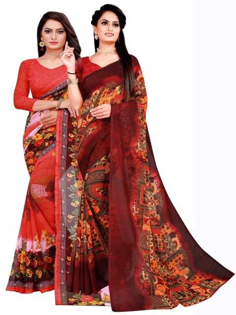 

Florence Set Of 2 Red & Brown Floral Pure Georgette Saree