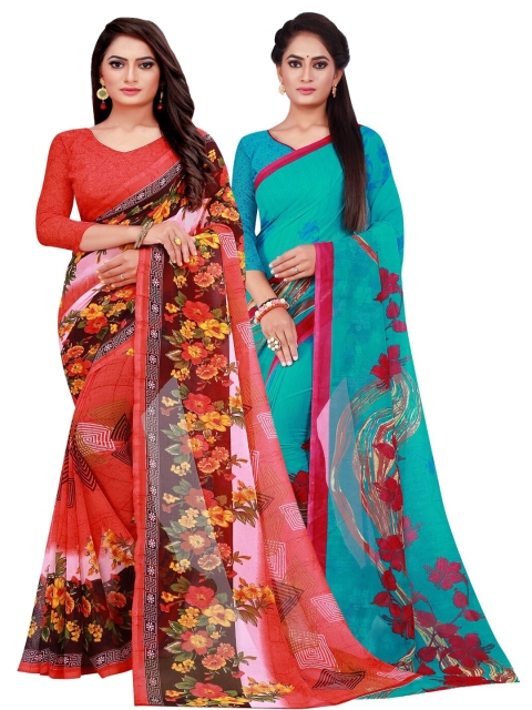 

Florence Pack Of 2 Red & Teal Floral Pure Georgette Saree