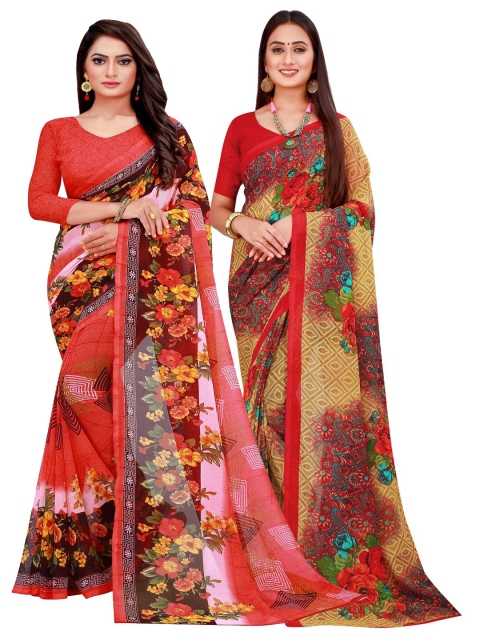 

Florence Pack of 2 Red & Beige Floral Pure Georgette Sarees