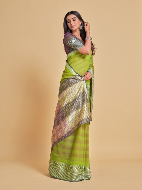 

Sangria Green & Silver-Toned Ethnic Motifs Silk Blend Saree